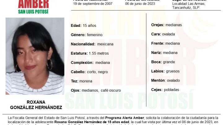 FISCALÍA DE SLP ACTIVA ALERTA AMBER PARA LOCALIZAR A UNA JOVEN DE TANCANHUITZ