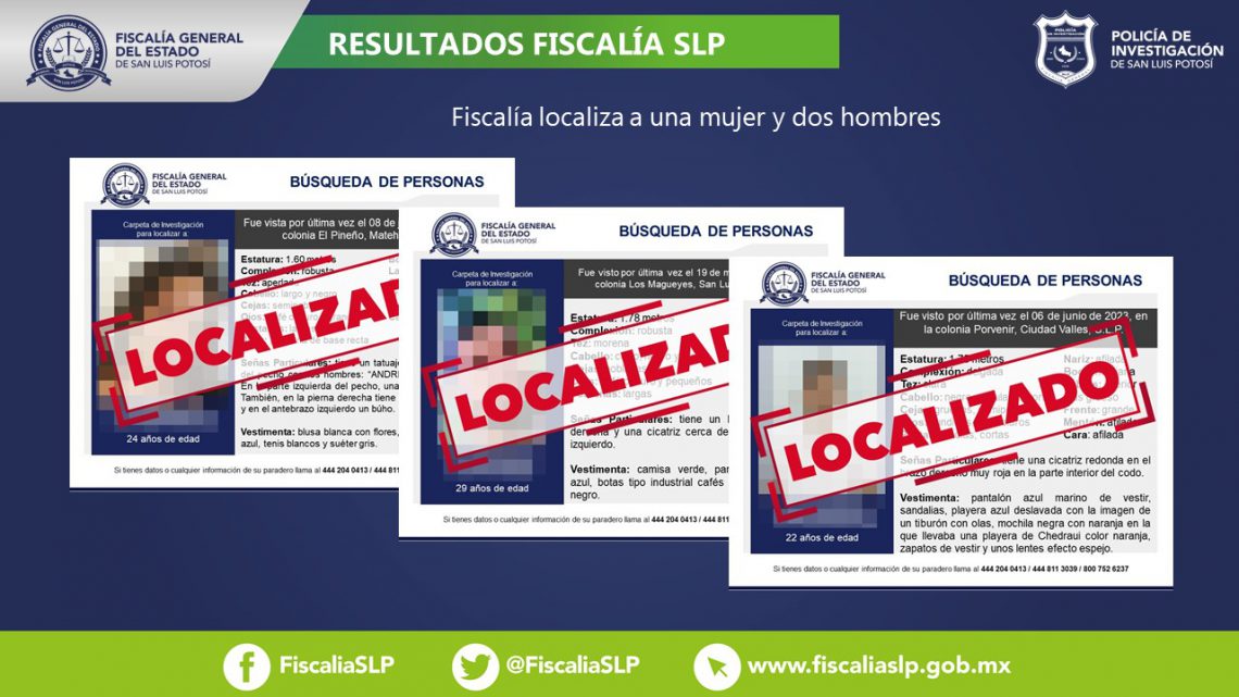 FISCALÍA DE SLP LOCALIZA A UNA MUJER Y A DOS HOMBRES, QUIENES CONTABAN CON FICHA DE BÚSQUEDA FISCALÍA DE SLP LOCALIZA A UNA MUJER Y A DOS HOMBRES, QUIENES CONTABAN CON FICHA DE BÚSQUEDA