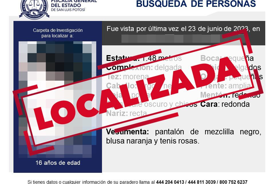 EN LA HUASTECA, FISCALÍA POTOSINA LOCALIZA A UNA ADOLESCENTE QUE CONTABA CON FICHA DE BÚSQUEDA EN LA HUASTECA, FISCALÍA POTOSINA LOCALIZA A UNA ADOLESCENTE QUE CONTABA CON FICHA DE BÚSQUEDA