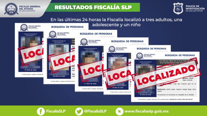 UN NIÑO, UNA ADOLESCENTE, Y TRES PERSONAS MÁS SON LOCALIZADOS CON BIEN EN LAS ULTIMAS HORAS: FISCALÍA SLP