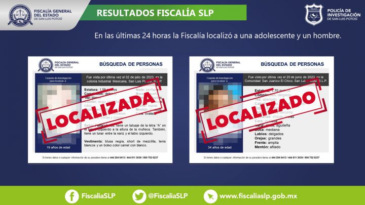 MUJER DE 19 AÑOS Y HOMBRE DE 34, SON LOCALIZADOS: FISCALÍA SLP