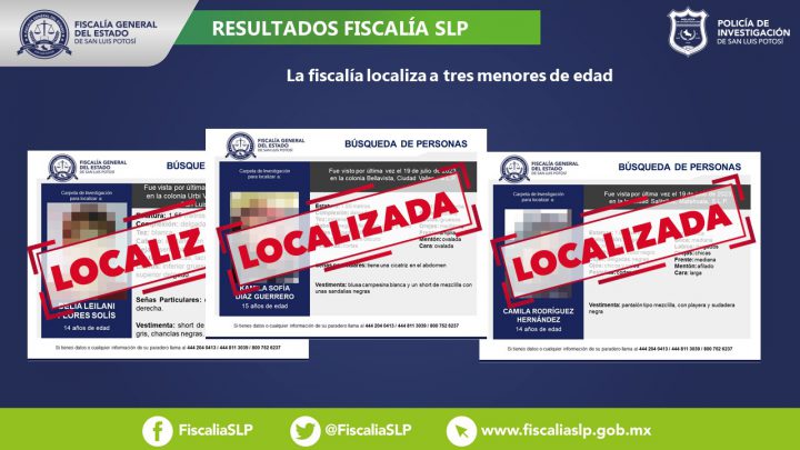 TRES MUJERES ADOLESCENTES SON LOCALIZADAS POR LA FISCALÍA DE SLP