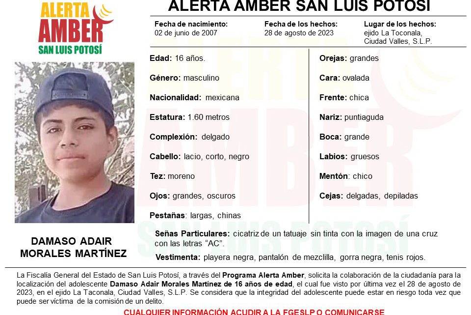 EN LA HUASTECA POTOSINA ES BUSCADO UN JOVEN DE 16 AÑOS, MEDIANTE UNA ALERTA AMBER: FGESLP EN LA HUASTECA POTOSINA ES BUSCADO UN JOVEN DE 16 AÑOS, MEDIANTE UNA ALERTA AMBER: FGESLP