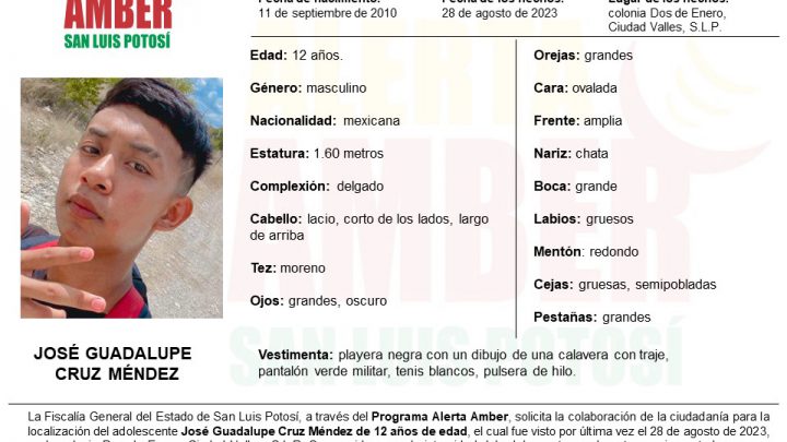 PARA LOCALIZAR A UN NIÑO DE 12 AÑOS, FISCALÍA DE SLP ACTIVA ALERTA AMBER