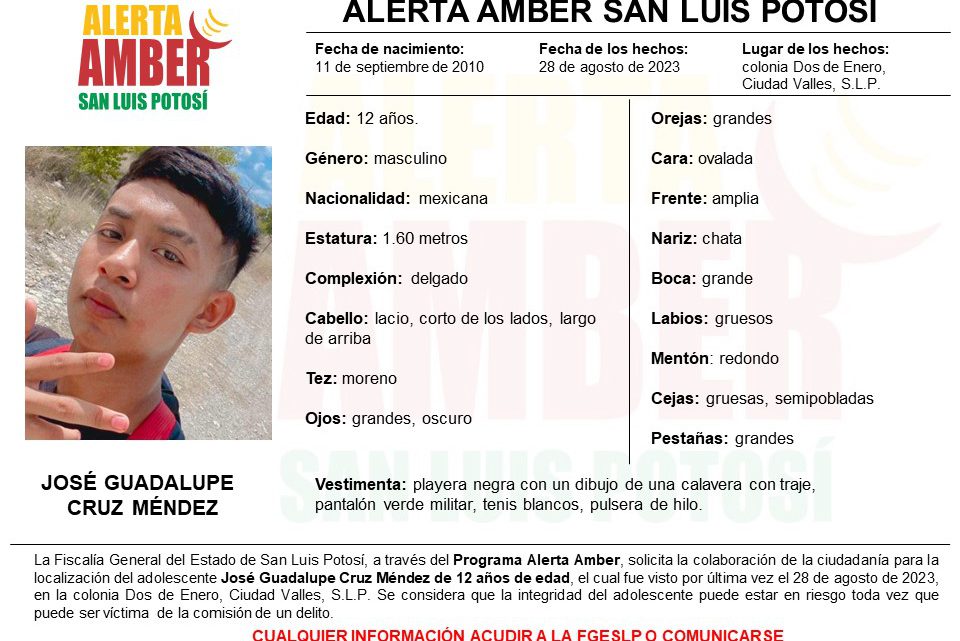 PARA LOCALIZAR A UN NIÑO DE 12 AÑOS, FISCALÍA DE SLP ACTIVA ALERTA AMBER PARA LOCALIZAR A UN NIÑO DE 12 AÑOS, FISCALÍA DE SLP ACTIVA ALERTA AMBER