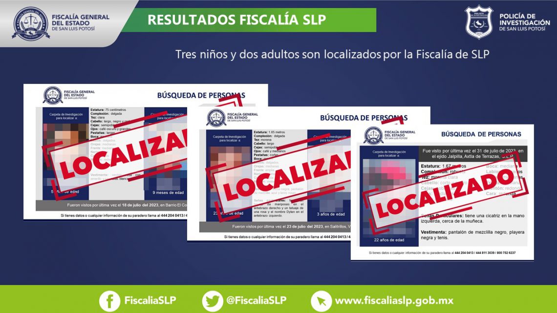 FISCALÍA DE SLP LOCALIZA A TRES NIÑOS Y DOS ADULTOS EN SAN LUIS POTOSÍ FISCALÍA DE SLP LOCALIZA A TRES NIÑOS Y DOS ADULTOS EN SAN LUIS POTOSÍ