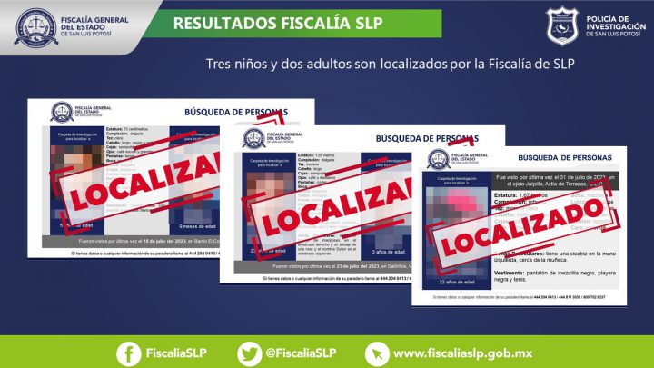 FISCALÍA DE SLP LOCALIZA A TRES NIÑOS Y DOS ADULTOS EN SAN LUIS POTOSÍ