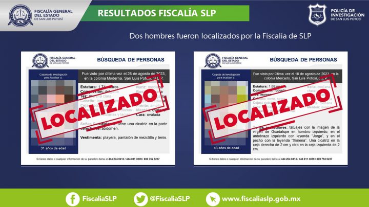 EN LA CAPITAL POTOSINA, FISCALÍA DE SLP LOCALIZA A DOS HOMBRES