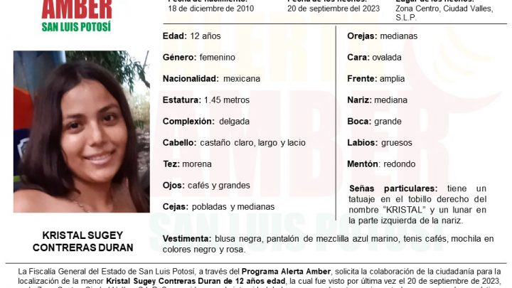 FISCALÍA SLP ACTIVA ALERTA AMBER PARA LOCALIZAR A UNA ADOLESCENTE DE CIUDAD VALLES