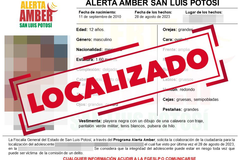 FGESLP DESACTIVA ALERTA AMBER DE ADOLESCENTE DE 12 AÑOS FGESLP DESACTIVA ALERTA AMBER DE ADOLESCENTE DE 12 AÑOS
