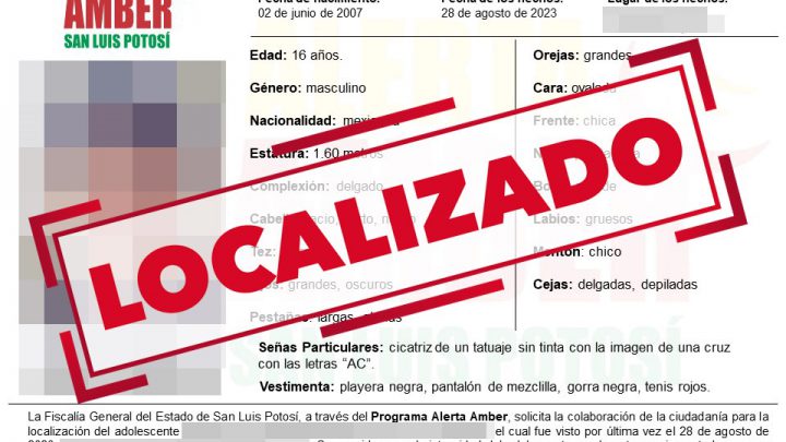 FISCALÍA DE SLP LOCALIZA A JOVEN DE 16 AÑOS; DESACTIVAN ALERTA AMBER