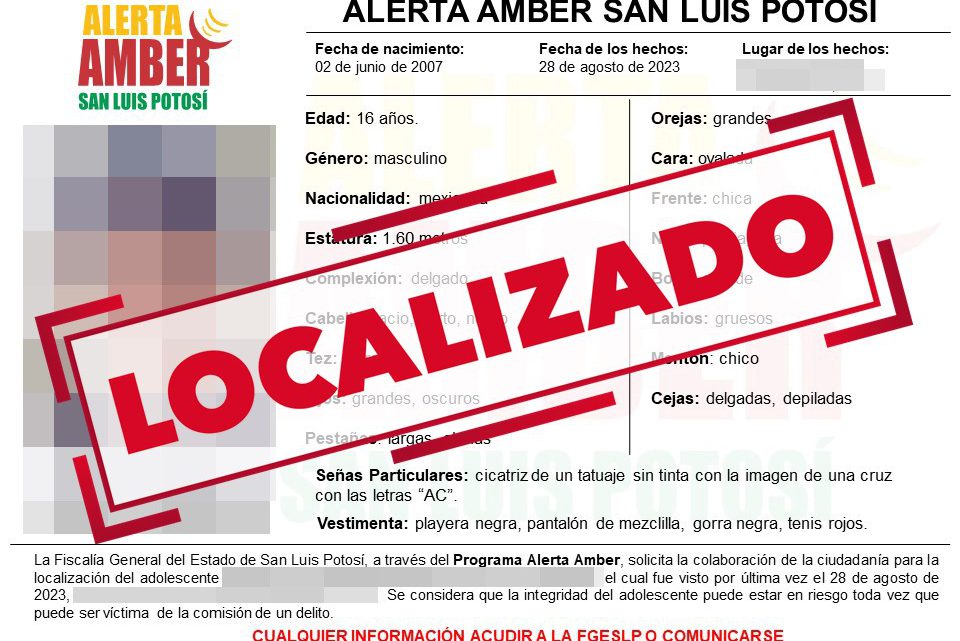 FISCALÍA DE SLP LOCALIZA A JOVEN DE 16 AÑOS; DESACTIVAN ALERTA AMBER FISCALÍA DE SLP LOCALIZA A JOVEN DE 16 AÑOS; DESACTIVAN ALERTA AMBER