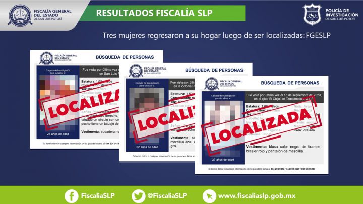 TRES MUJERES QUE CONTABAN CON FICHAS DE BÚSQUEDA EN SLP YA FUERON LOCALIZADAS