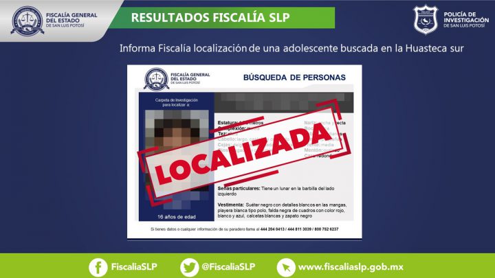 LOCALIZADA, MUJER ADOLESCENTE EN LA HUASTECA SUR: FISCALÍA SLP
