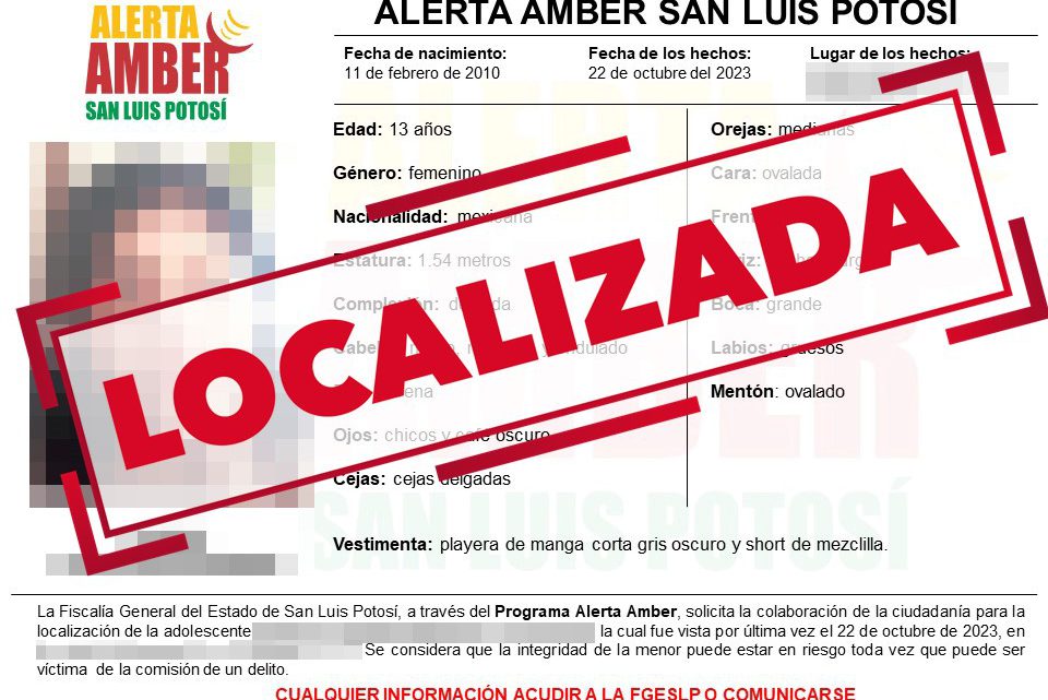 ALERTA AMBER POR UNA ADOLESCENTE DE 13 AÑOS ES DESACTIVADA: FGESLP