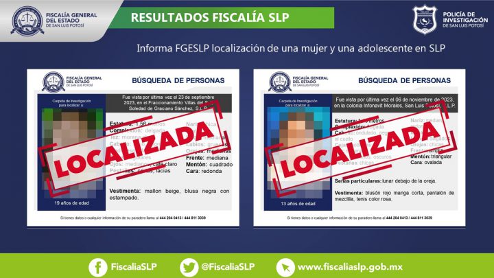 FISCALÍA POTOSINA LOCALIZA A UNA ADOLESCENTE DE 13 AÑOS Y A UNA MUJER EN SLP
