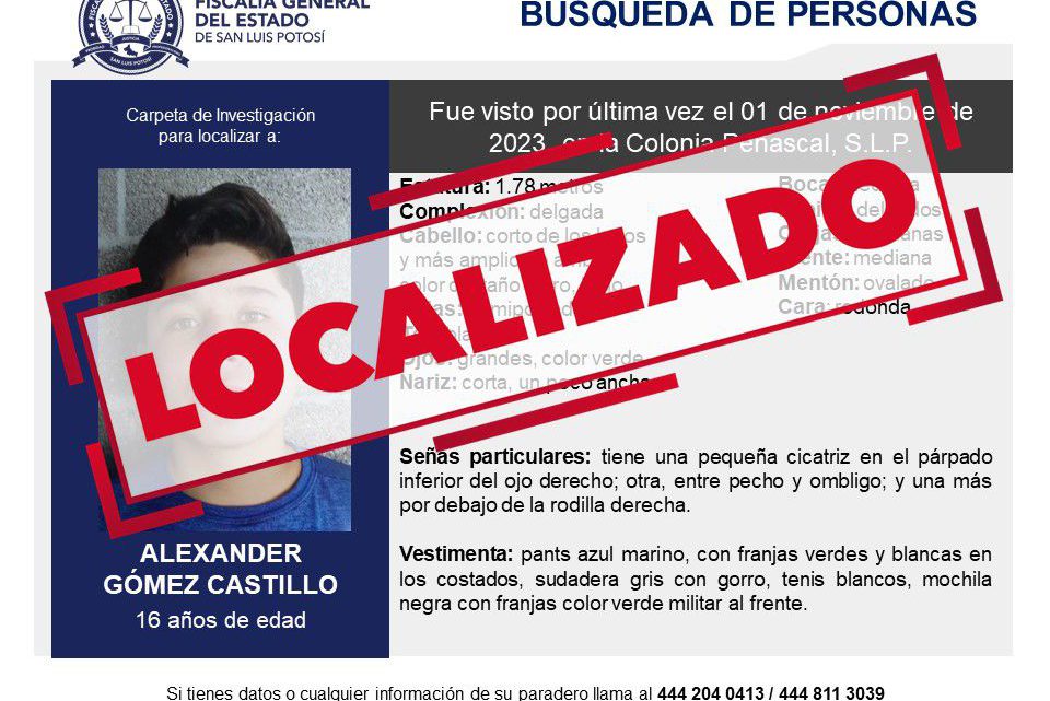 ADOLESCENTE BUSCADO EN SLP ES ENCONTRADO SANO Y SALVO: FGESLP