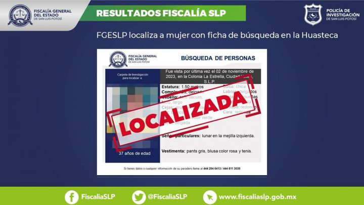 MUJER REGRESA CON SU FAMILIA, LUEGO DE SER LOCALIZADA: FGESLP