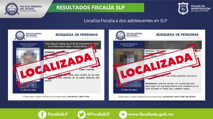 TRAS APLICAR PROTOCOLOS DE BÚSQUEDA, FISCALÍA POTOSINA LOCALIZA A DOS ADOLESCENTES