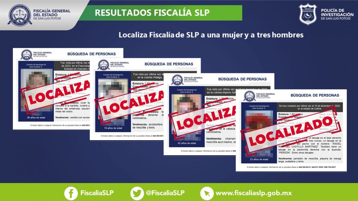 A TRAVÉS DE DISTINTAS ACCIONES, LOCALIZA FISCALÍA DE SLP A UNA MUJER Y A TRES HOMBRES A TRAVÉS DE DISTINTAS ACCIONES, LOCALIZA FISCALÍA DE SLP A UNA MUJER Y A TRES HOMBRES
