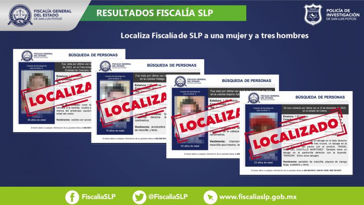 A TRAVÉS DE DISTINTAS ACCIONES, LOCALIZA FISCALÍA DE SLP A UNA MUJER Y A TRES HOMBRES