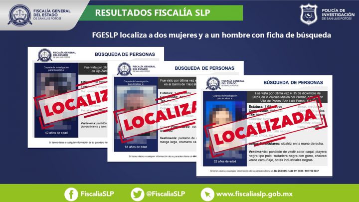 UBICA FISCALÍA GENERAL DE SLP A DOS MUJERES Y A UN HOMBRE EN TERRITORIO POTOSINO