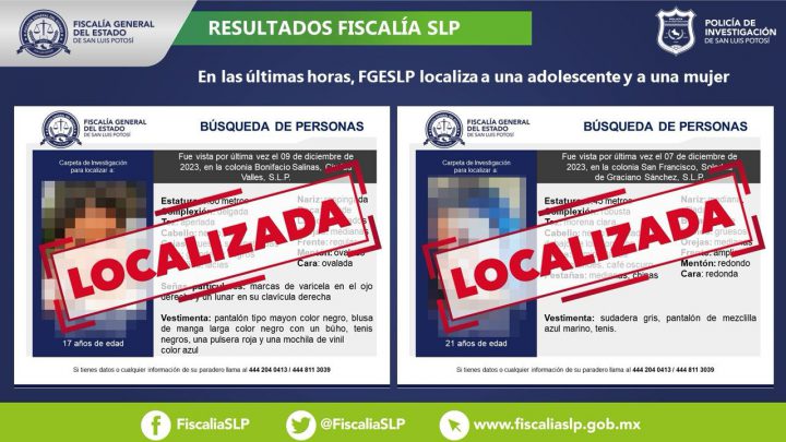 FISCALÍA DE SLP LOCALIZA A UNA ADOLESCENTE Y A UNA MUJER EN LA ENTIDAD
