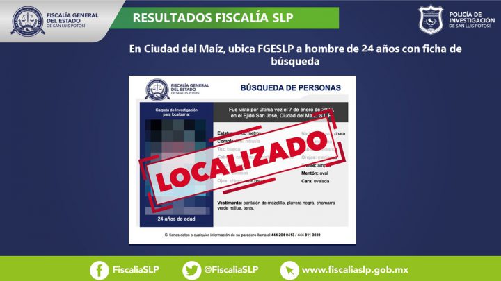UBICA FGESLP A JOVEN DE 24 AÑOS CON FICHA DE BÚSQUEDA EN CD. DEL MAÍZ