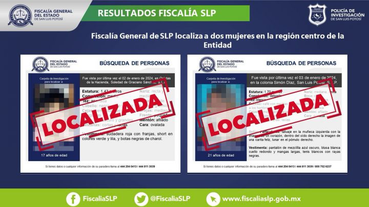 INVESTIGADORES DE LA FISCALÍA LOCALIZAN A UNA ADOLESCENTE DE 17 AÑOS Y A UNA MUJER DE 21 EN SLP