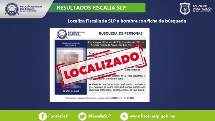 LOCALIZA FISCALÍA DE SLP A HOMBRE DE 46 AÑOS DE EDAD