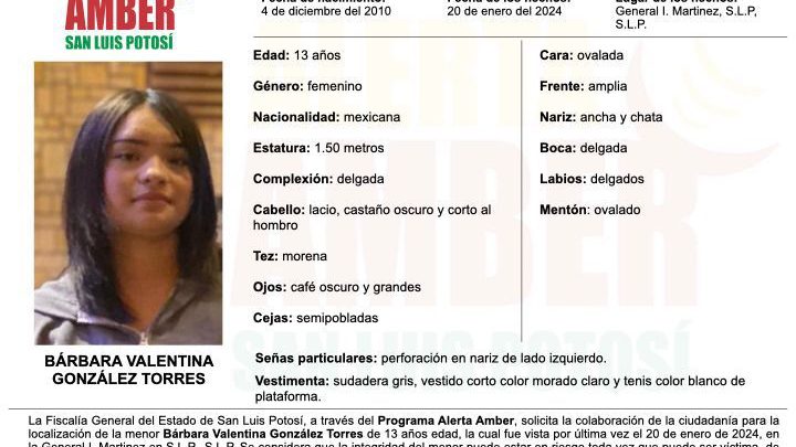 FISCALÍA ACTIVA ALERTA AMBER PARA LOCALIZAR A UNA ADOLESCENTE DE 13 AÑOS EN LA CAPITAL POTOSINA