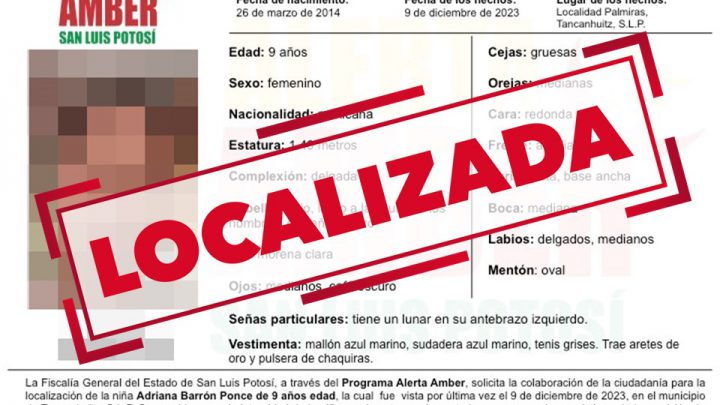 FGESLP DESACTIVA ALERTA AMBER DE NIÑA DE 9 AÑOS QUE ERA BUSCADA EN TANCANHUITZ