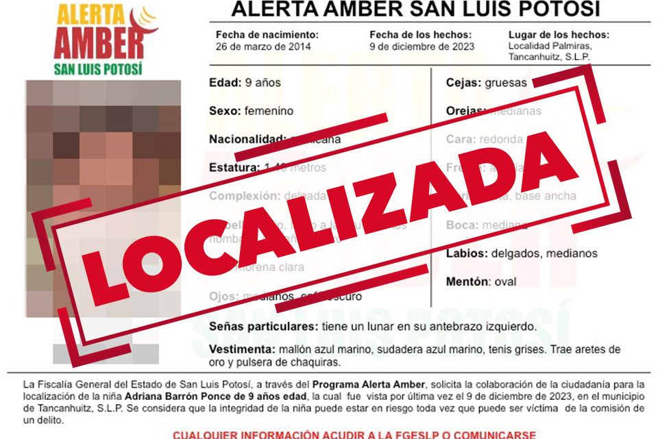 FGESLP DESACTIVA ALERTA AMBER DE NIÑA DE 9 AÑOS QUE ERA BUSCADA EN TANCANHUITZ
