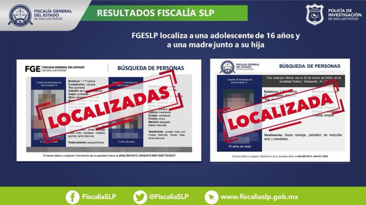 MADRE E HIJA BUSCADAS EN LA HUASTECA NORTE FUERON LOCALIZADAS SANAS Y A SALVO: FISCALÍA SLP