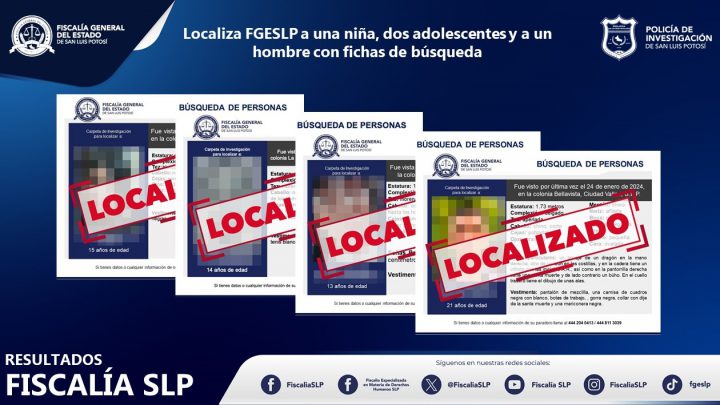 FISCALÍA DE SLP INFORMA LOCALIZACIÓN DE CUATRO PERSONAS EN TERRITORIO POTOSINO