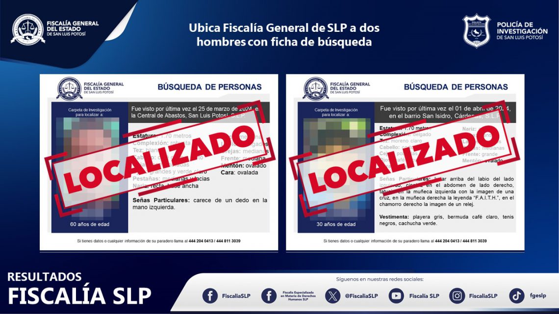 EN CÁRDENAS Y LA CAPITAL, FISCALÍA DE SLP LOCALIZA A DOS HOMBRES CON FICHA DE BÚSQUEDA