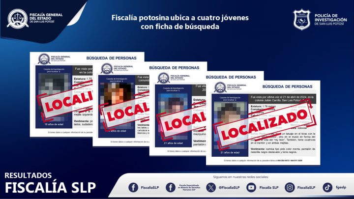 FISCALÍA POTOSINA UBICA A CUATRO JÓVENES QUE CONTABAN CON FICHA DE BÚSQUEDA EN LA ENTIDAD