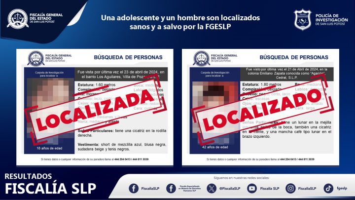 UNA ADOLESCENTE Y UN HOMBRE SON LOCALIZADOS POR LA FISCALÍA DE SLP