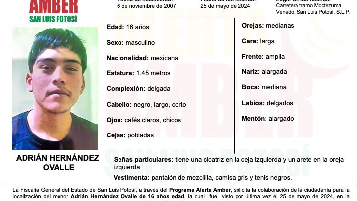 FISCALÍA POTOSINA ACTIVA ALERTA AMBER PARA LOCALIZAR A JOVEN DE 16 AÑOS