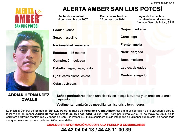 FISCALÍA POTOSINA ACTIVA ALERTA AMBER PARA LOCALIZAR A JOVEN DE 16 AÑOS FISCALÍA POTOSINA ACTIVA ALERTA AMBER PARA LOCALIZAR A JOVEN DE 16 AÑOS