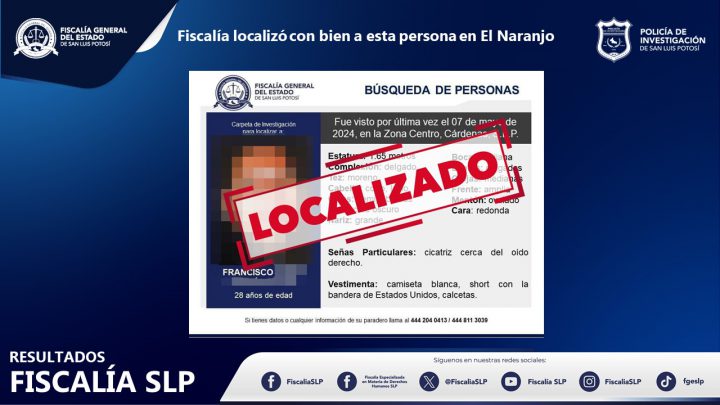 EN EL NARANJO FUE LOCALIZADO CON BIEN UN HOMBRE QUE CONTABA CON FICHA DE BÚSQUEDA EN CÁRDENAS: FGESLP