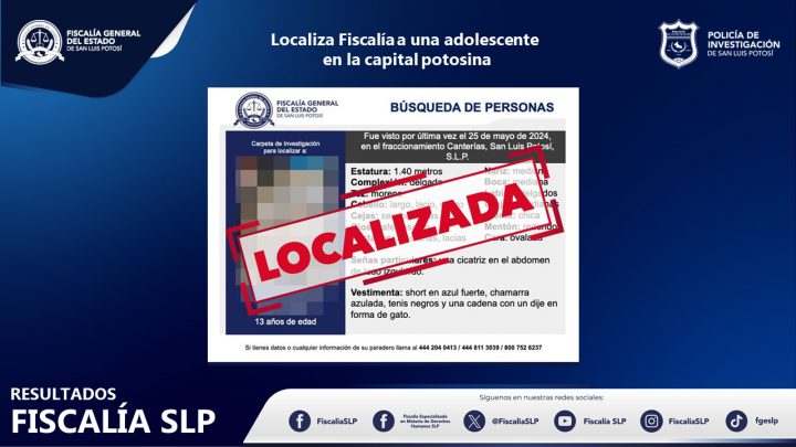 UBICA FISCALÍA DE SLP A UNA JOVEN DE 13 AÑOS BUSCADA EN LA CAPITAL