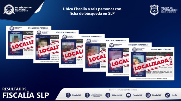 INFORMA FISCALÍA POTOSINA LOCALIZACIÓN DE SEIS PERSONAS CON FICHA DE BÚSQUEDA EN SLP