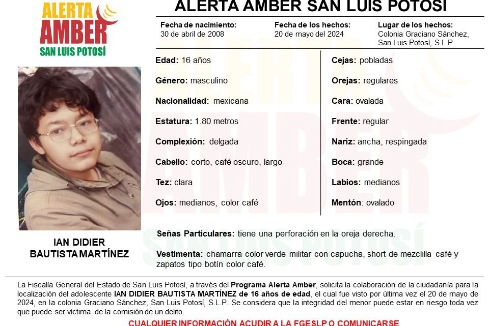 FISCALÍA ACTIVA ALERTA AMBER PARA LOCALIZAR A UN ADOLESCENTE EN SLP