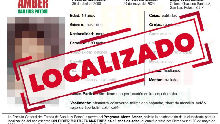 FGESLP LOCALIZA ADOLESCENTE QUE CONTABA CON FICHA DE ALERTA AMBER
