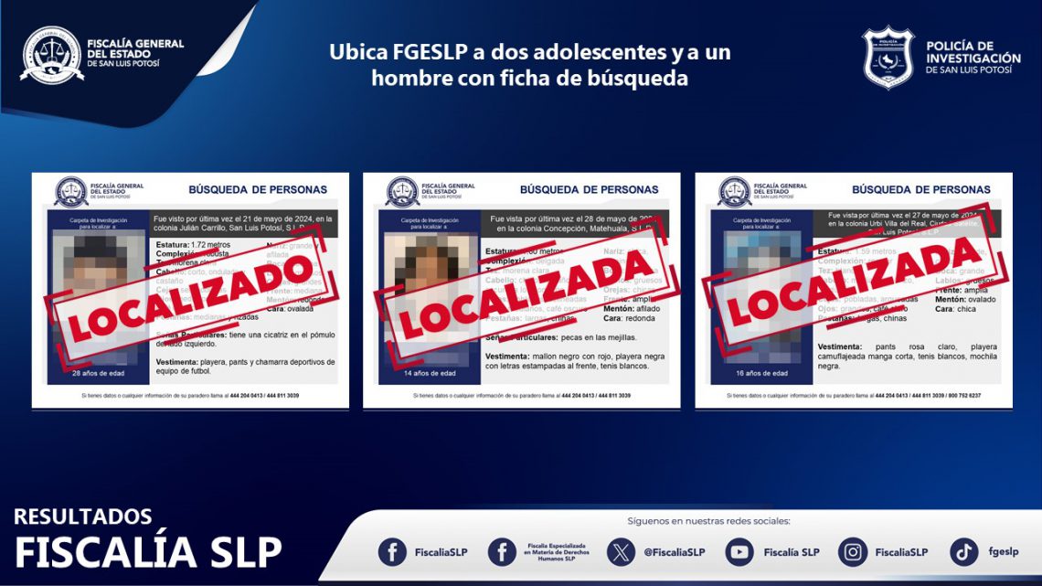 SANAS Y A SALVO, LOCALIZA FISCALÍA ESTATAL A TRES PERSONAS QUE CONTABAN CON FICHA DE BÚSQUEDA EN SLP SANAS Y A SALVO, LOCALIZA FISCALÍA ESTATAL A TRES PERSONAS QUE CONTABAN CON FICHA DE BÚSQUEDA EN SLP