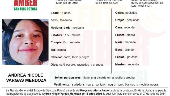 FGESLP ACTIVA ALERTA AMBER PARA LOCALIZAR A UNA ADOLESCENTE DE 13 AÑOS EN LA CAPITAL POTOSINA