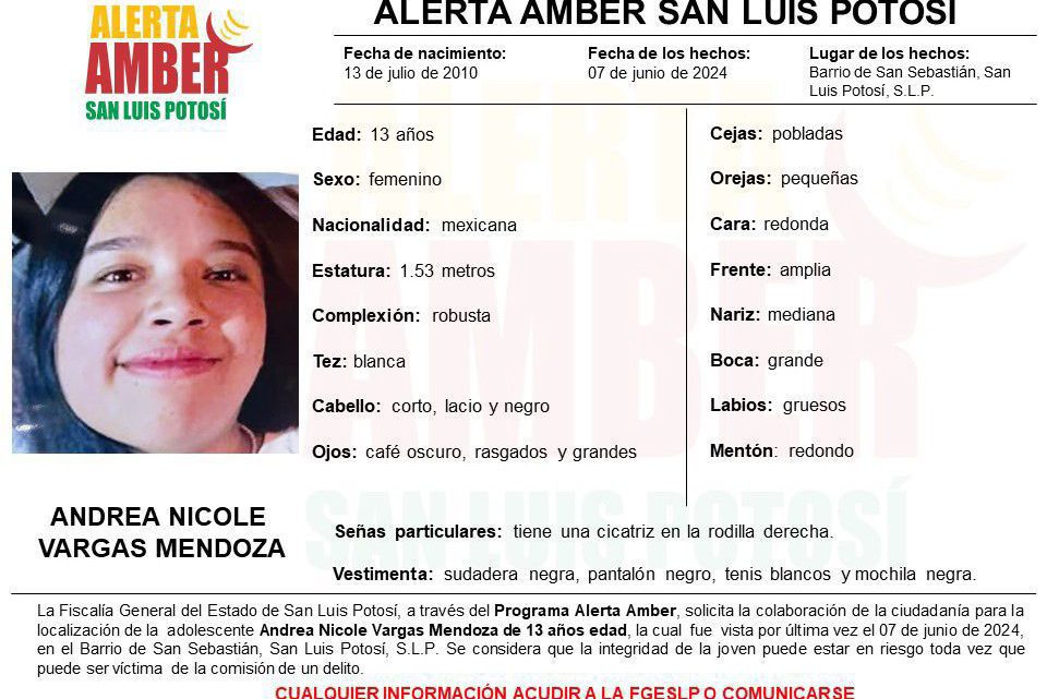 FGESLP ACTIVA ALERTA AMBER PARA LOCALIZAR A UNA ADOLESCENTE DE 13 AÑOS EN LA CAPITAL POTOSINA FGESLP ACTIVA ALERTA AMBER PARA LOCALIZAR A UNA ADOLESCENTE DE 13 AÑOS EN LA CAPITAL POTOSINA