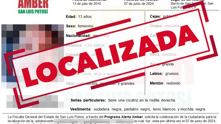INFORMA FISCALÍA LOCALIZACIÓN DE UNA ADOLESCENTE DE 13 AÑOS BUSCADA EN LA CAPITAL POTOSINA