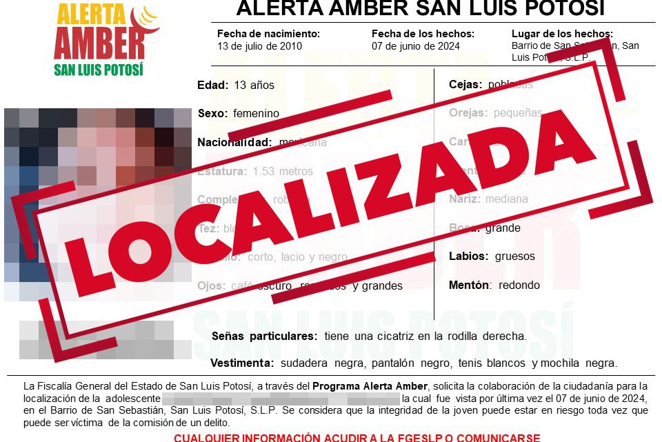 INFORMA FISCALÍA LOCALIZACIÓN DE UNA ADOLESCENTE DE 13 AÑOS BUSCADA EN LA CAPITAL POTOSINA INFORMA FISCALÍA LOCALIZACIÓN DE UNA ADOLESCENTE DE 13 AÑOS BUSCADA EN LA CAPITAL POTOSINA